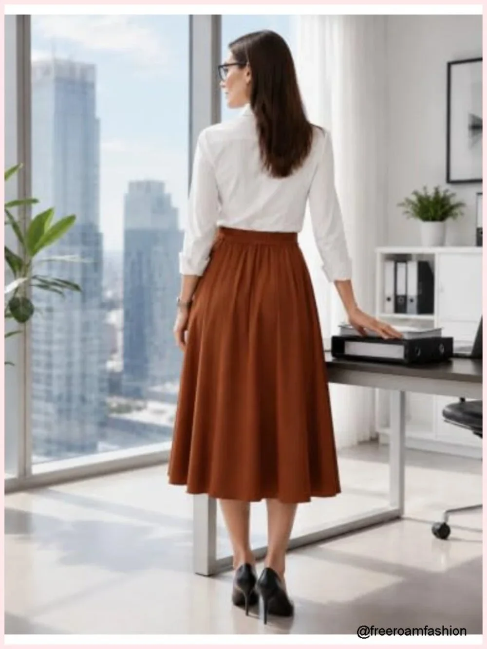 Pleated Midi Skirt High Waist with Pockets A-Line Work Skirt